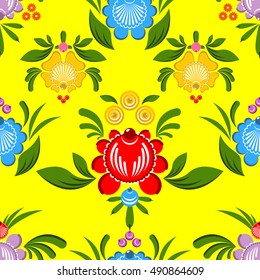 Gorodets painting seamless pattern. Floral ornament. Russian national folk craft. Traditional decoration painting in Russia. Flowers and leaves texture. Retro ethnic decor