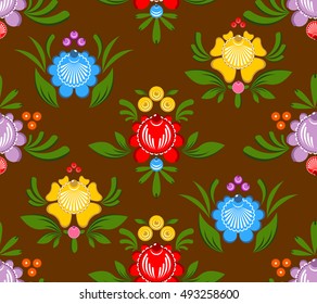 Gorodets painting seamless pattern. Floral ornament. Russian national folk craft. Traditional decoration painting in Russia. Flowers and leaves texture. Retro ethnic decor