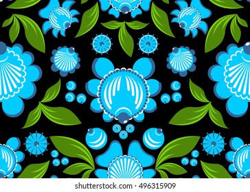 Gorodets painting seamless pattern. Floral ornament. Russian national folk craft. Traditional decoration painting in Russia. Flowers and leaves texture. Retro ethnic decor
