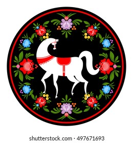 Gorodets painting white horse and floral elements. Russian national folk craft. Traditional decoration painting in Russia. Flowers and leaves texture. Retro ethnic decor
