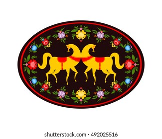 Gorodets painting yellow horse and floral elements. Russian national folk craft. Traditional decoration in Russia. Flowers and leaves texture. Retro ethnic decor tray
