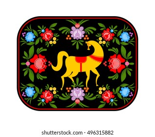 Gorodets painting yellow horse and floral elements. Russian national folk craft. Traditional decoration painting in Russia. Flowers and leaves texture. Retro ethnic decor tray
