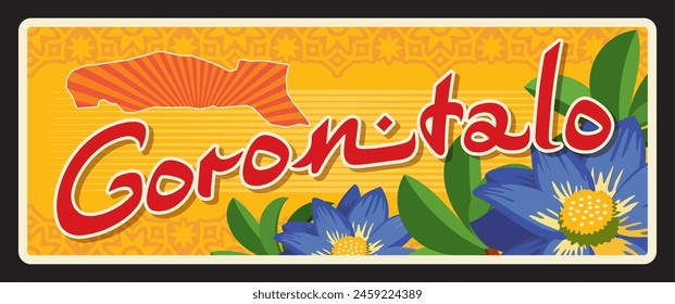 Gorontalo province in Indonesia, Indonesian region. Vector travel plate, vintage tin sign, retro welcoming postcard design. Souvenir plaque with blue lotus flowers and map with ornament