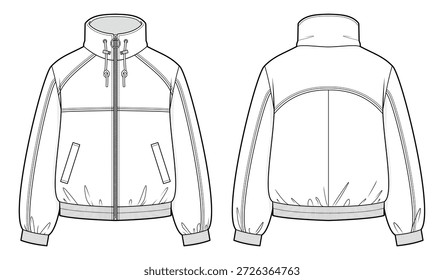 Gorpcore Windbreaker Jacket Ilustração de moda técnica. Shell leve ao ar livre com pescoço de funil, alternar ajustes de cordão. Ajuste Relaxado. Vista frontal e traseira. Unisex Outerwear. Montagem CAD.