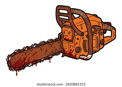Gory chainsaw with blood splatters, horror movie prop, scary Halloween imagery, dangerous equipment.
