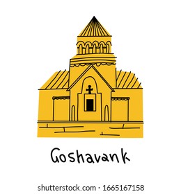 Goshavank-Armenian medieval monastery complex XII-XIII centuries in the village of gosh in Armenia. vector flat iilustration with lettering