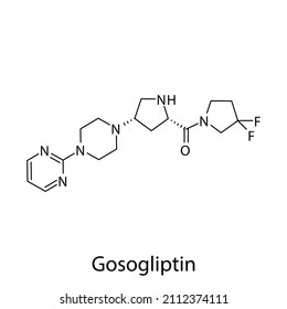 Estructura molecular de gosogliptina, fórmula química esquelética plana. Medicamento inhibidor de la DPP4 utilizado para tratar la diabetes tipo 2. Ilustración vectorial.