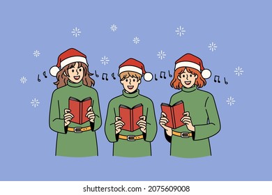 Gospel And Christmas Celebration Concept. Group Of Children Teens In Green Sweaters And Santa Hats Standing And Singing Traditional Songs For Holiday Vector Illustration 