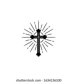 Gospel Church Christian sunburst logo design. Cross, prayer, religion concept. Vintage vector illustration