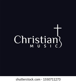 Gospel Music Church with Guitar Christian Jesus Cross logo design