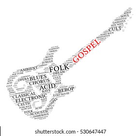 Gospel. Word cloud, guitar, white background. Music concept.