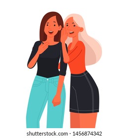 Gossip. The concept of spreading rumors. Two young girls are whispering. Vector illustration in modern flat style