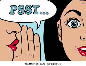 Gossip girl whispering in ear secrets, rumor. Word-of-mouth. Close up. Speech bubble Psst! Vector illustration in Pop Art  style