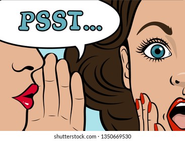 Gossip girl whispering in ear secrets, rumor. Word-of-mouth. Close up. Speech bubble Psst! Vector illustration in Pop Art  style