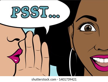 Gossip girl whispering in ear secrets, rumor. Word-of-mouth. Beautiful happy African-American face. Close up. Speech bubble Psst! Vector illustration in Pop Art  style