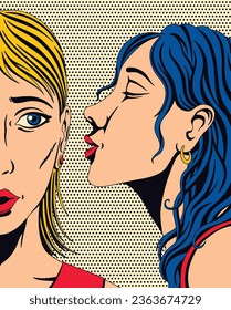 Gossip girl whispering in ear secrets. Comic book panel in pop art style. Rumor or word-of-mouth concept. Emotional pretty woman trying to tell or announcing secret message. Color vector illustration