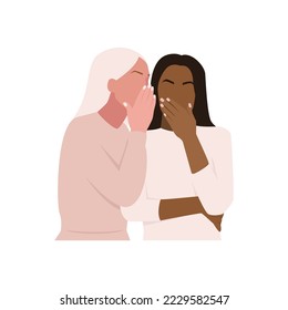 Ilustración vectorial de chicas gossip. Dos personajes llanos - mujeres jóvenes - susurrando secretos. Comunicación, rumores, conceptos de información privada.