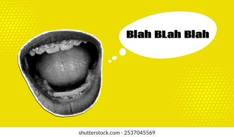 Gossip halftone vector collage concept. Trendy y2k open mouth dotted sticker with blah blah speech bubble