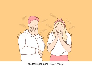 Gossip, hypocrisy, giggle set concept. Hypocitical man and woman heard gossip and giggle on it. Humorous guy and girl are laughiung at joke. Young boy and girl are bullying others. Simple flat vector