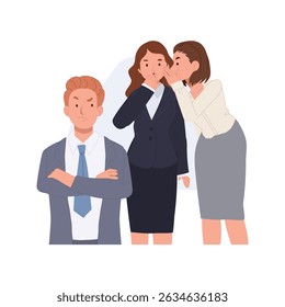 fofoca escritório funcionárias femininas sussurrar segredo em frente ao chefe irritado .local de trabalho drama conceito