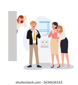 gossip office gossip workplace drama near water cooler with woman eavesdropping behind wall