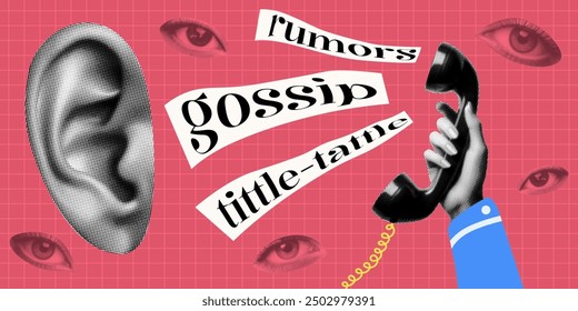 gossip rumors unverified information concept collage design with hand vintage phone receiver eyes ear retro halftone grunge dotted vintage elements telephone call communication