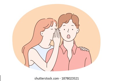 Gossip, secret, privacy concept. Teen girl cartoon character whispering secret to her surprised boy friend, covering his ear with hand vector illustration 