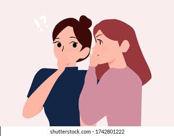 Gossip, Shocked two women friends spreading rumours gossiping sharing secrets illustration. word of mouth Concept