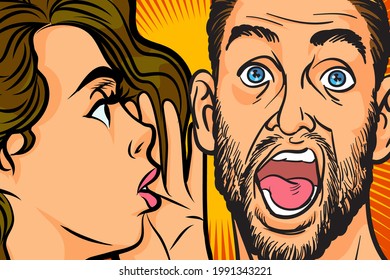 Gossip woman whispering secret or news in ear of surprised person in pop art retro comic style.