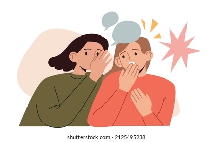 Gossip. Young woman whispering secrets to her friend. Two girls are whispering. The concept of spreading rumors. Cute hand drawn vector colorful funny cartoon style illustration. 