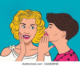 Gossiping girl whispering in ear secrets, rumor. Word-of-mouth. Close up. Vector illustration in Pop Art  style