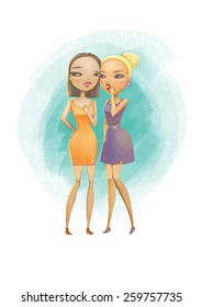 Gossiping girls. Vector illustration of two talking girls.