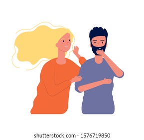 Gossiping male female. Woman speaking with man to ear some secrets whispering vector characters
