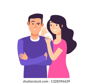 Gossiping. Woman Speaking Rumor Gossip Whisper Secret To Shocked Man Whispering Vector Cartoon Concept