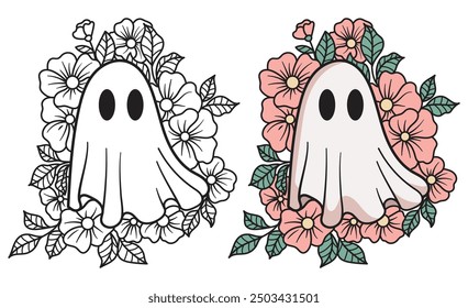 Gost cute flowers, vector hand drawn, halloween