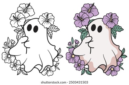 Gost cute flowers, vector hand drawn, halloween