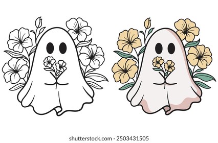 Gost cute flowers, vector hand drawn, halloween