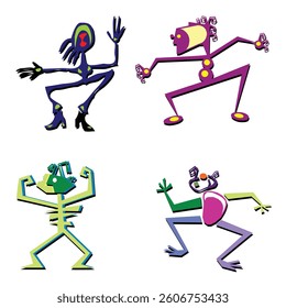Gost, Four stylized figures in unique poses and colors.