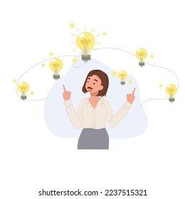 Got a lot of idea concept. Light bulbs float around woman. Flat vector cartoon character illustration.