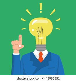 Got an Idea. Head-light bulb isolated on green background. Light bulb symbol of ideas, the right decisions. light bulb character