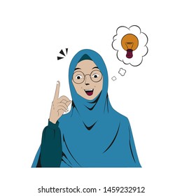 got an idea, illustration of a woman wearing hijab with gesture like she is have an idea, bulb lamp symbol