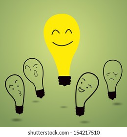 I got idea, representing with one lightbulb get brighter than other. Vector illustration.