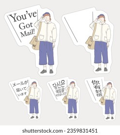 You’ve Got Mail stickers, ready to use, die cut, English, Japanese, Korean and Chinese languages including blank for your own language for your e-commerce shipping or delivery package or parcels.