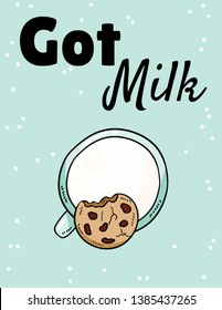 Got milk phase with milk and cookie. Breakfast sweet and nutritious meal. Hand drawn cartoon style cute postcard