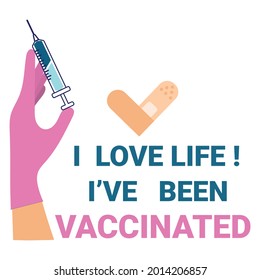 I got my covid-19 vaccine design concept with hand holding a syringe with vaccine. Flat style vector illustration for vaccination campaign. Vaccinated sticker, button or sign design.