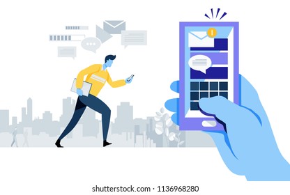 Got new e mail. notification alert. smartphone application. online connection. send message. social media. worker, businessman. Flat cartoon illustration vector graphic on white background.
