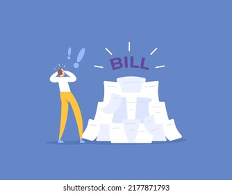 got a lot of paper bills. receive invoices. billing letters. a man is shocked and panicked because he gets a letter or email a debt, loan, or tax bill. illustration concept design