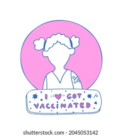 I got vaccinated sign. Cute cartoon person with medical plaster and doodle style lettering. Vectro sticker.