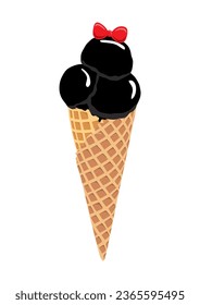 Goth black charcoal ice cream in cone with red ribbon candy. Vector ice cream illustration.