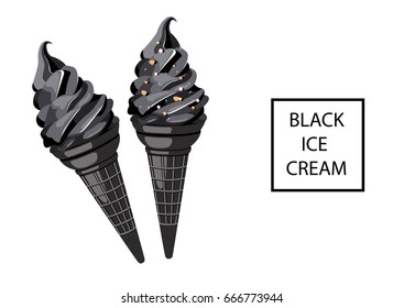 Goth black charcoal ice cream in cone, summer 2017 trend. Vector set of pure ice cream illustration and with nuts and colorful sprinkles, isolated. Design for cafe menu, packaging, delivery box